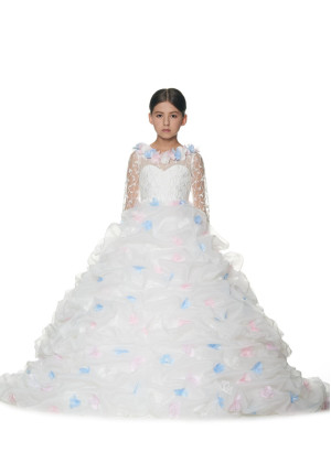 Beaded Ivory Lace Organza Floral Flower Girl Dress